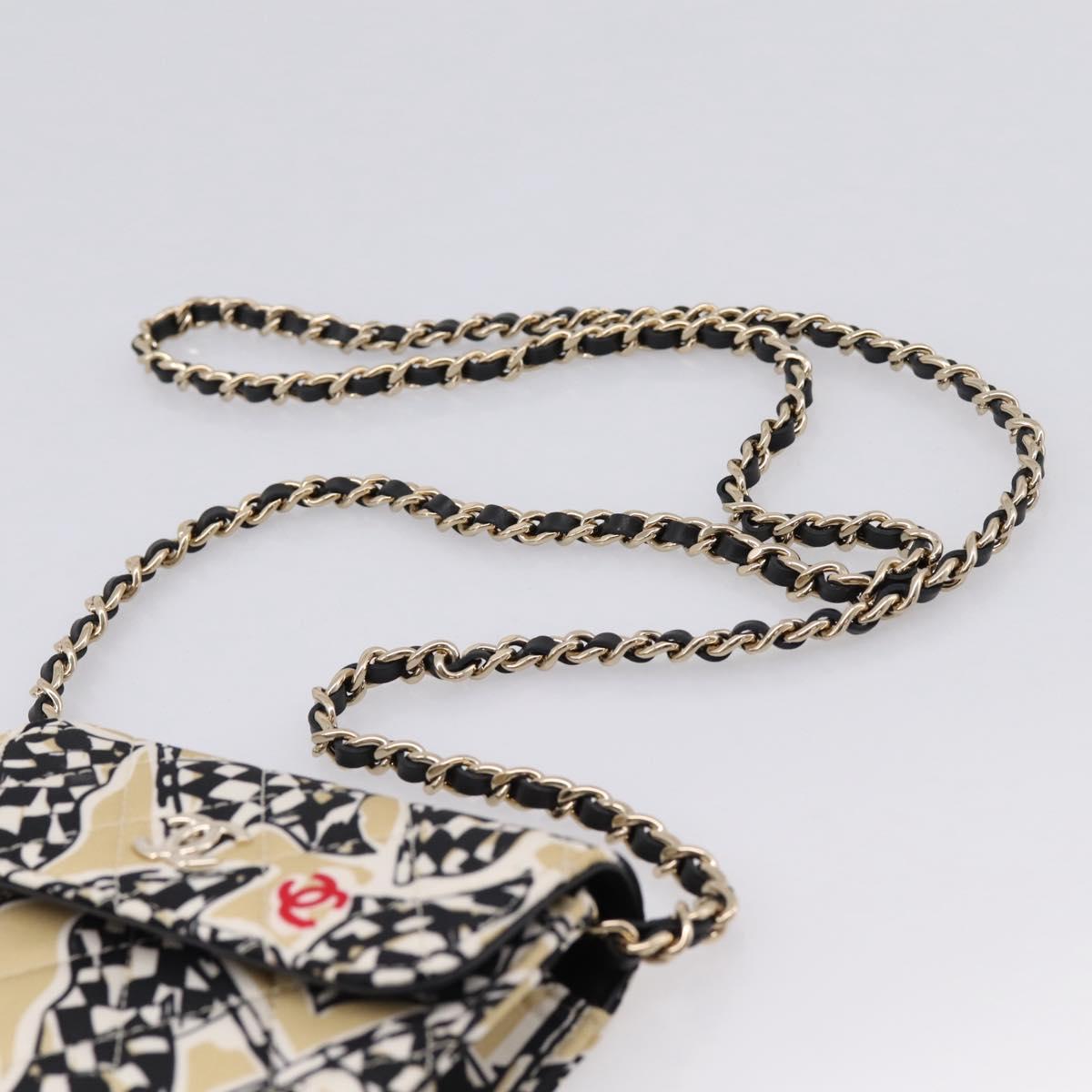 CHANEL Checker Flag Chain Shoulder Bag Canvas Beige Gold CC Auth 197010SAM