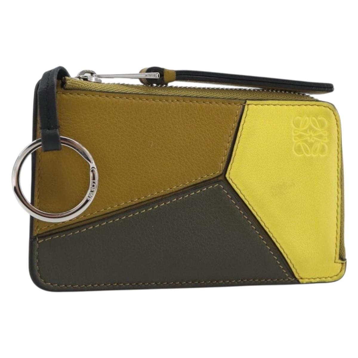 LOEWE Puzzle Card Case Leather Brown Silver Auth 197014A