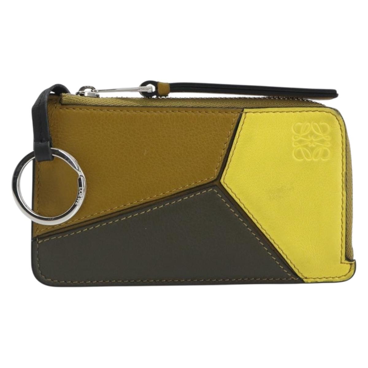 LOEWE Puzzle Card Case Leather Brown Silver Auth 197014A