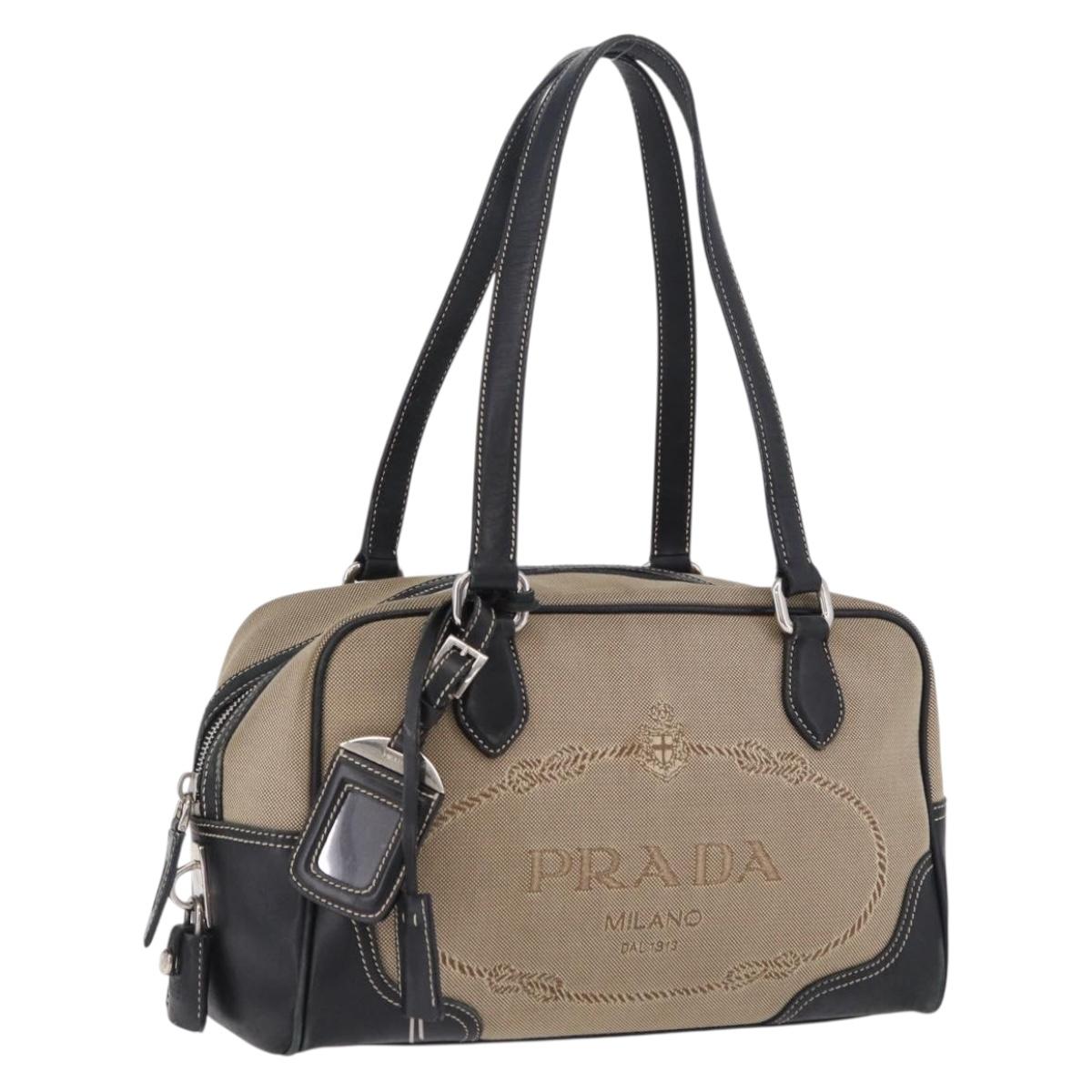 PRADA Tote Bag Canvas Beige Silver Auth 197022A