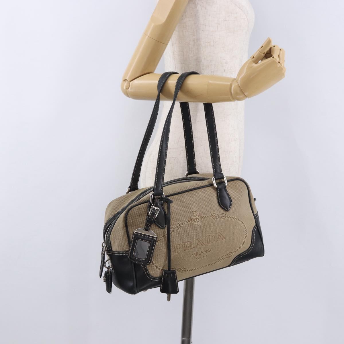 PRADA Tote Bag Canvas Beige Silver Auth 197022A
