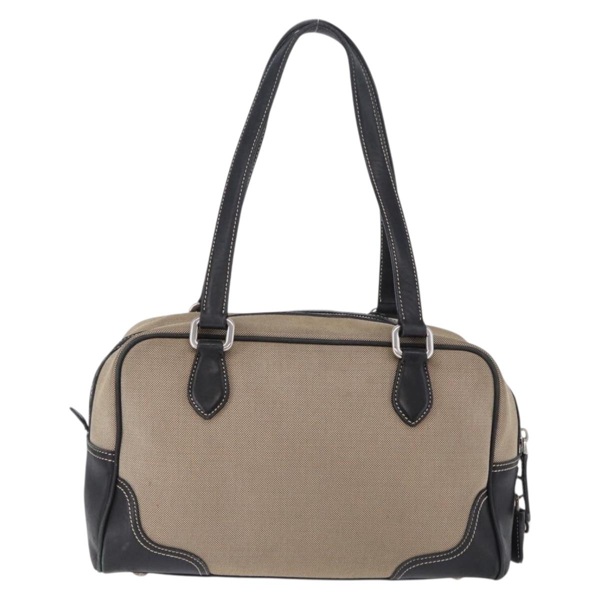 PRADA Tote Bag Canvas Beige Silver Auth 197022A