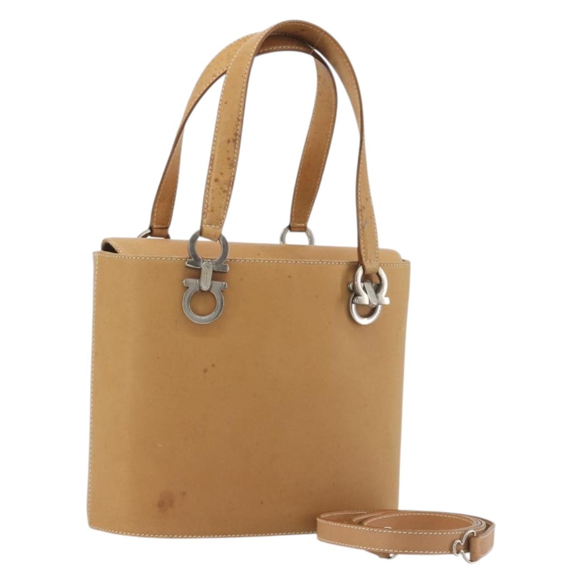 Salvatore Ferragamo Gancini Hand Bag Leather 2way Beige Silver Auth 197027