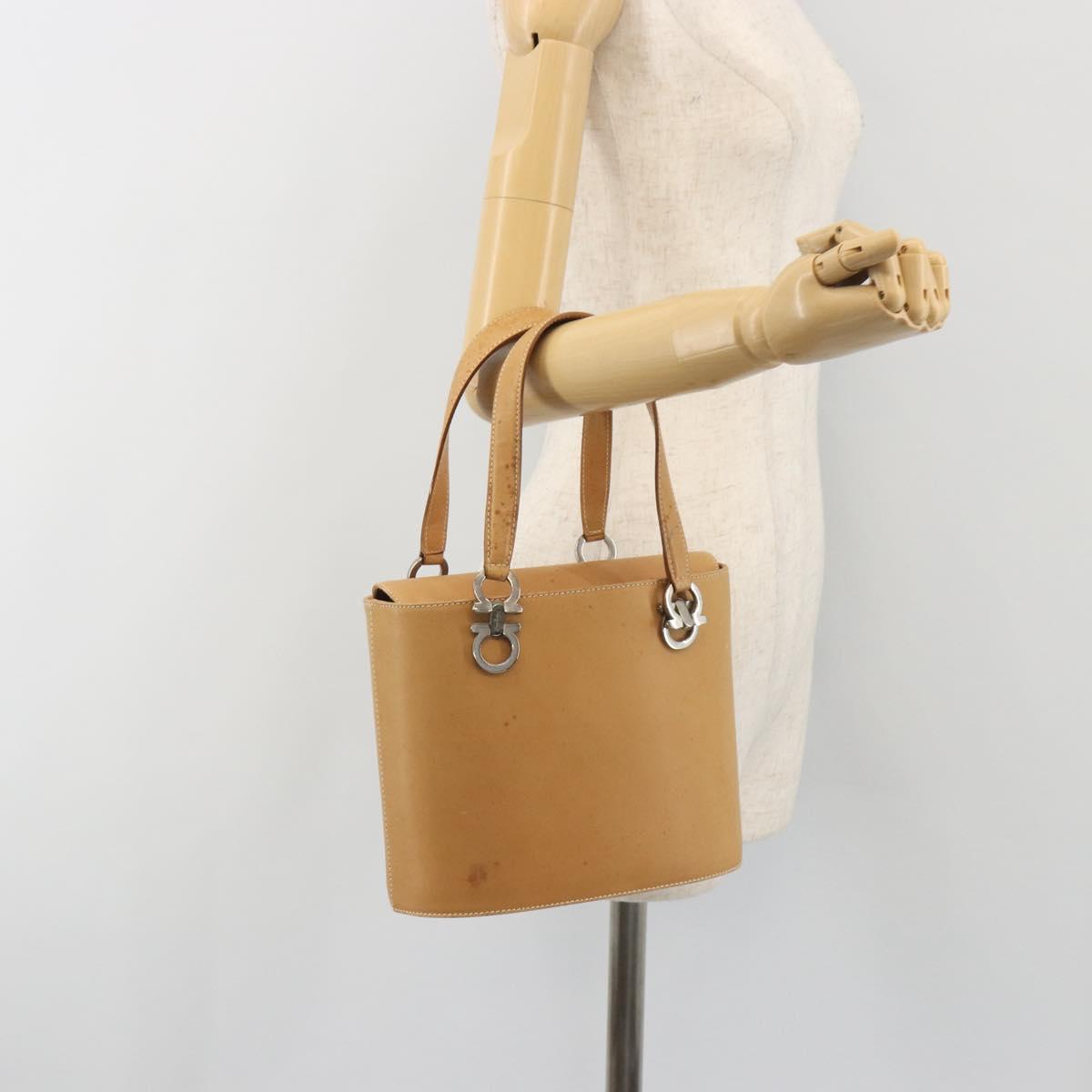 Salvatore Ferragamo Gancini Hand Bag Leather 2way Beige Silver Auth 197027
