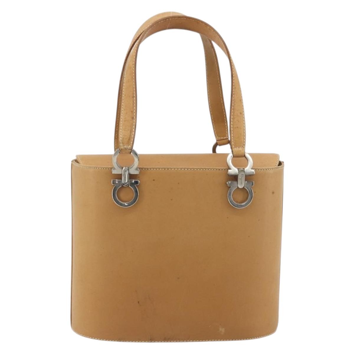 Salvatore Ferragamo Gancini Hand Bag Leather 2way Beige Silver Auth 197027
