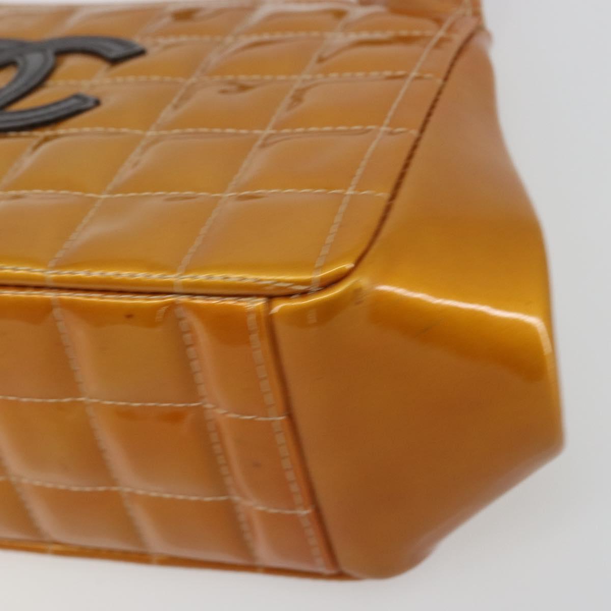 CHANEL Choco Bar line Shoulder Bag Patent leather Orange Silver CC Auth 197037A