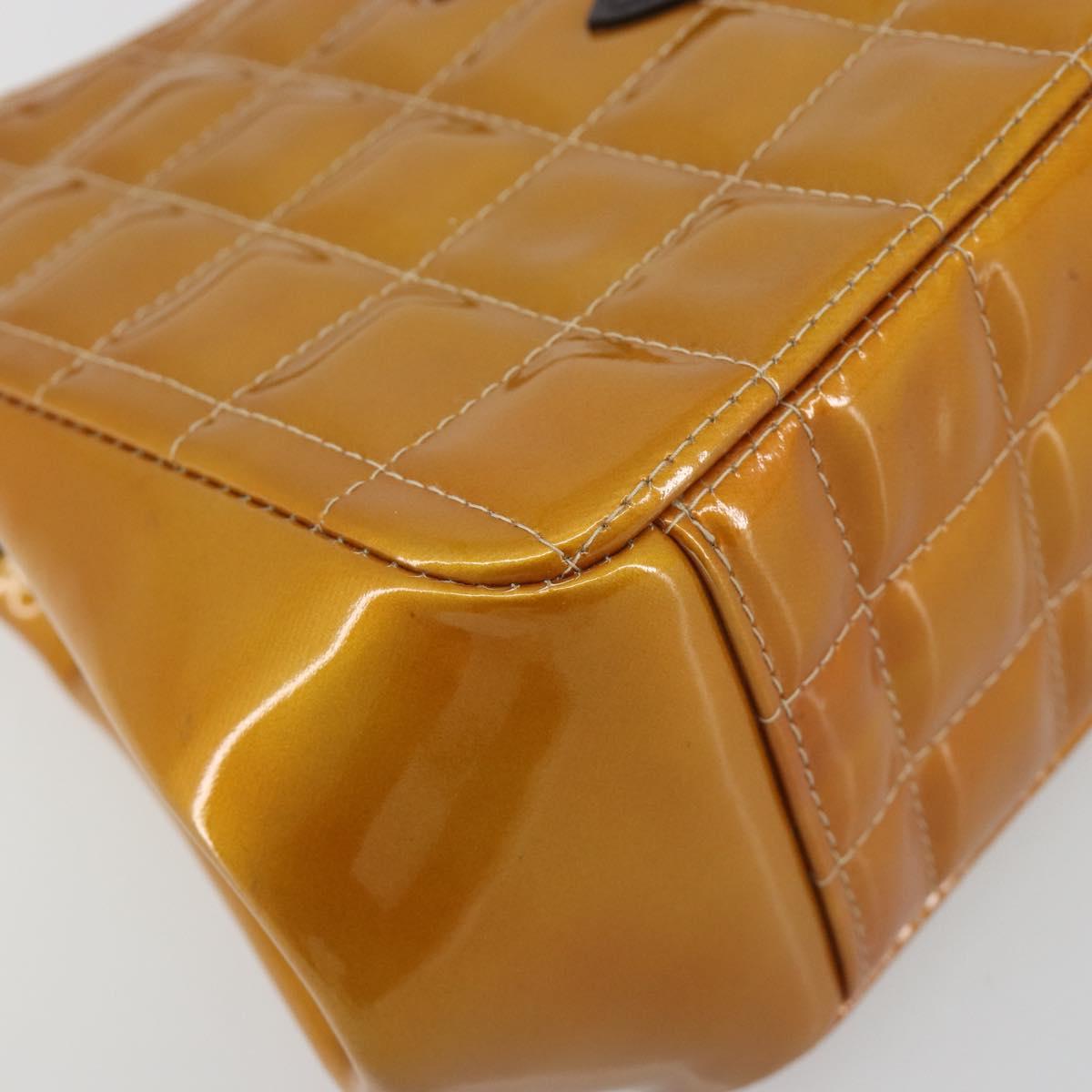 CHANEL Choco Bar line Shoulder Bag Patent leather Orange Silver CC Auth 197037A