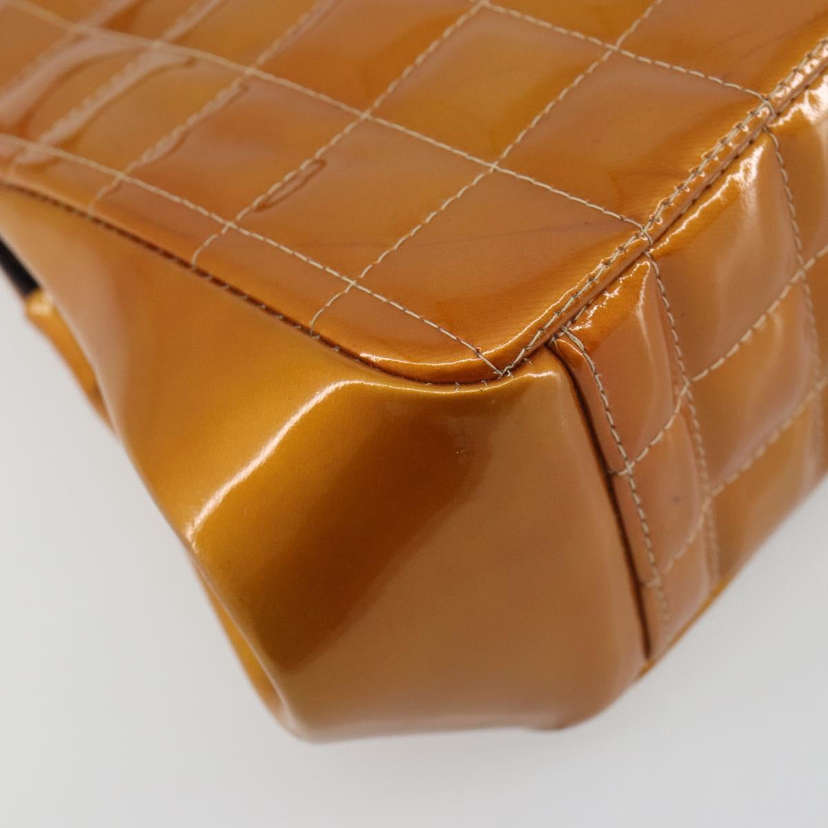 CHANEL Choco Bar line Shoulder Bag Patent leather Orange Silver CC Auth 197037A