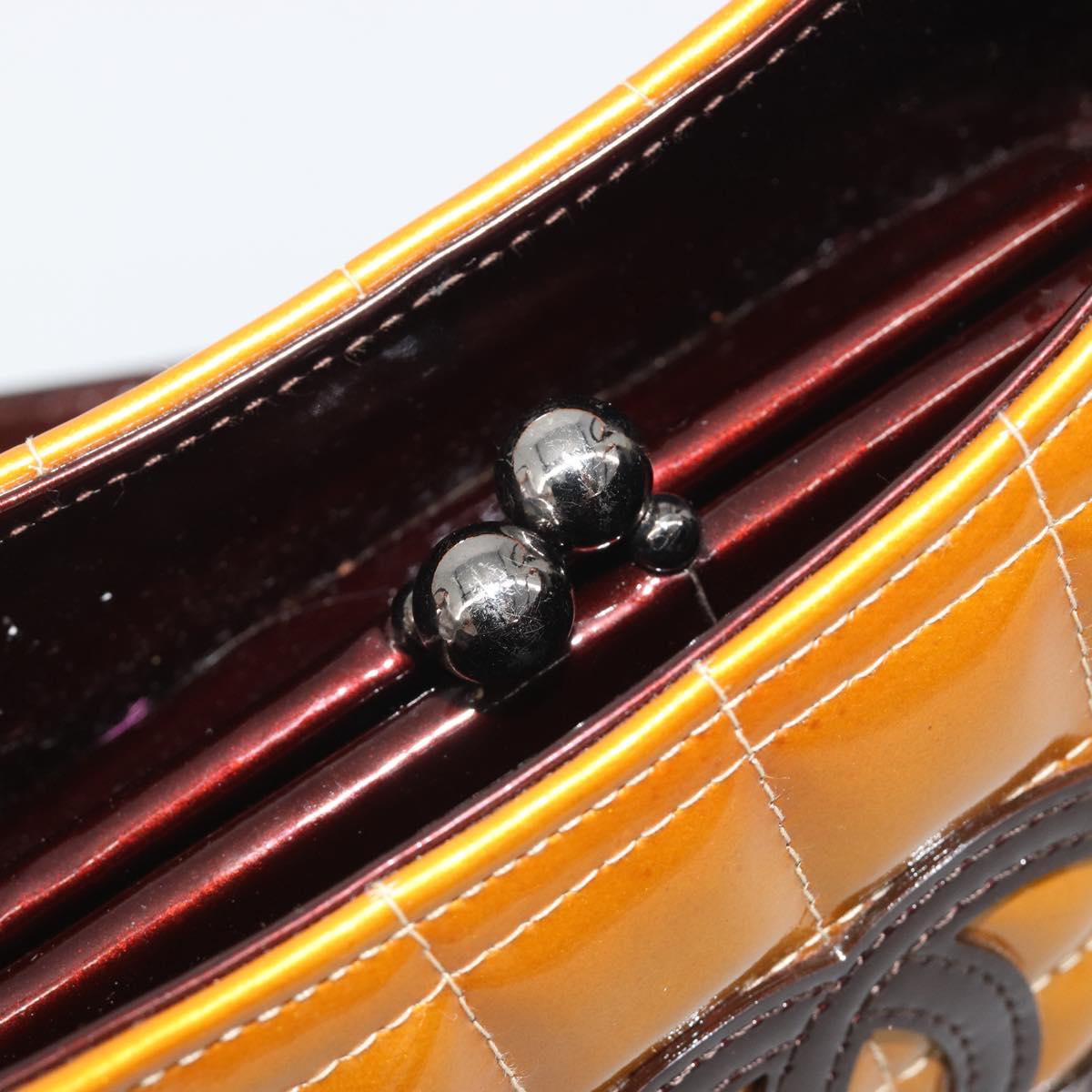 CHANEL Choco Bar line Shoulder Bag Patent leather Orange Silver CC Auth 197037A