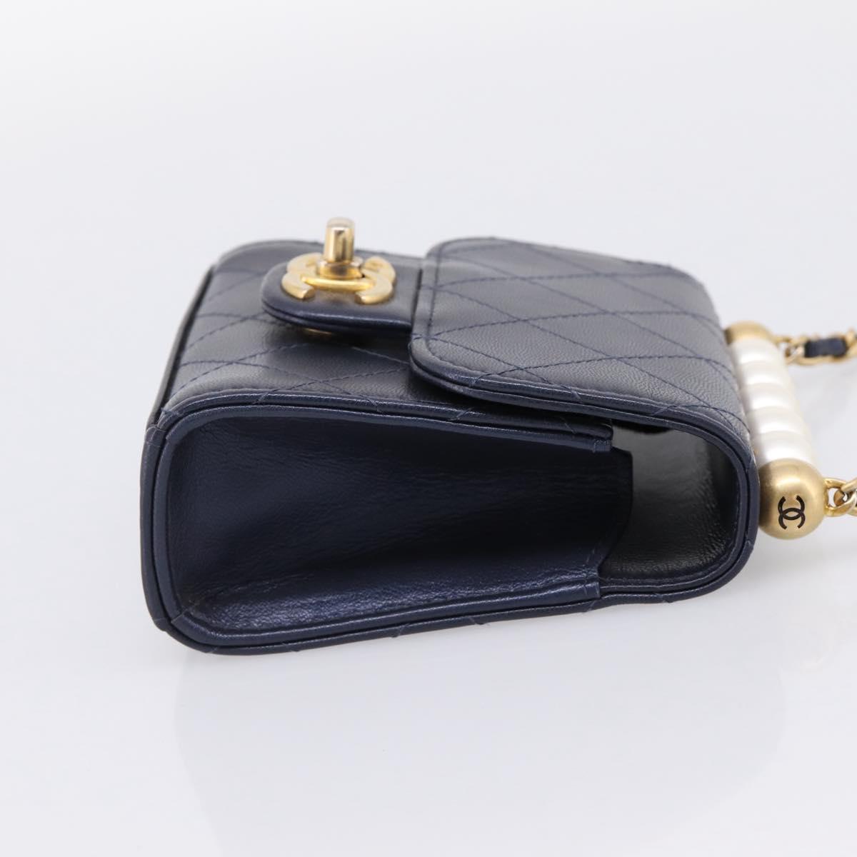 CHANEL Mini Matelasse Chain Pearl Bag Goatskin Navy Gold CC Auth 197060SAM
