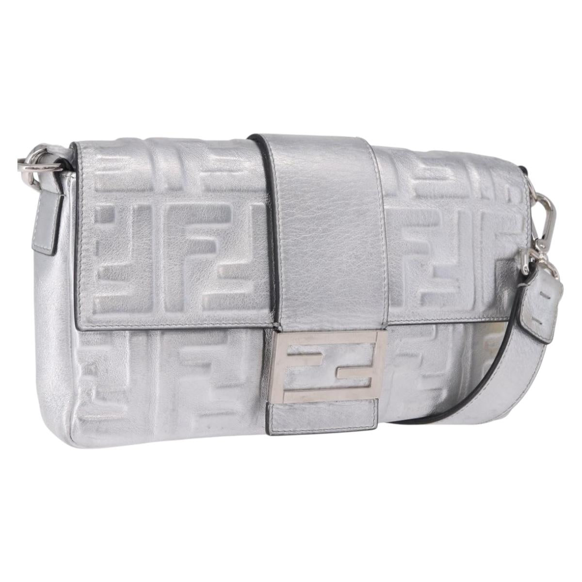 FENDI Zucca Canvas Mamma Baguette Shoulder Bag Leather Silver Auth 197105SAM