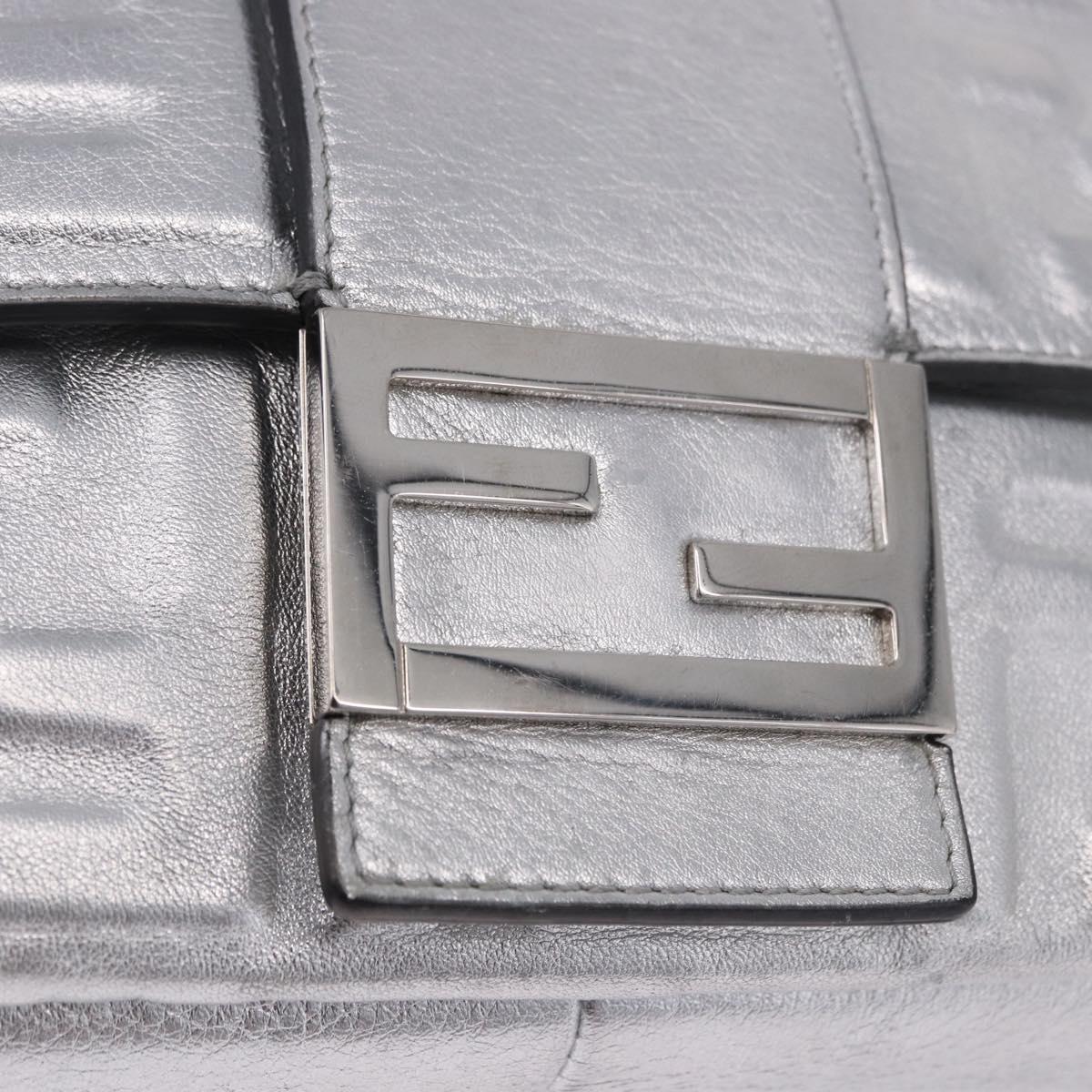 FENDI Zucca Canvas Mamma Baguette Shoulder Bag Leather Silver Auth 197105SAM