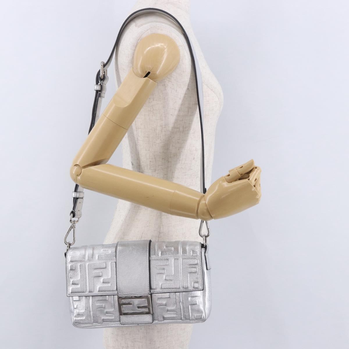 FENDI Zucca Canvas Mamma Baguette Shoulder Bag Leather Silver Auth 197105SAM