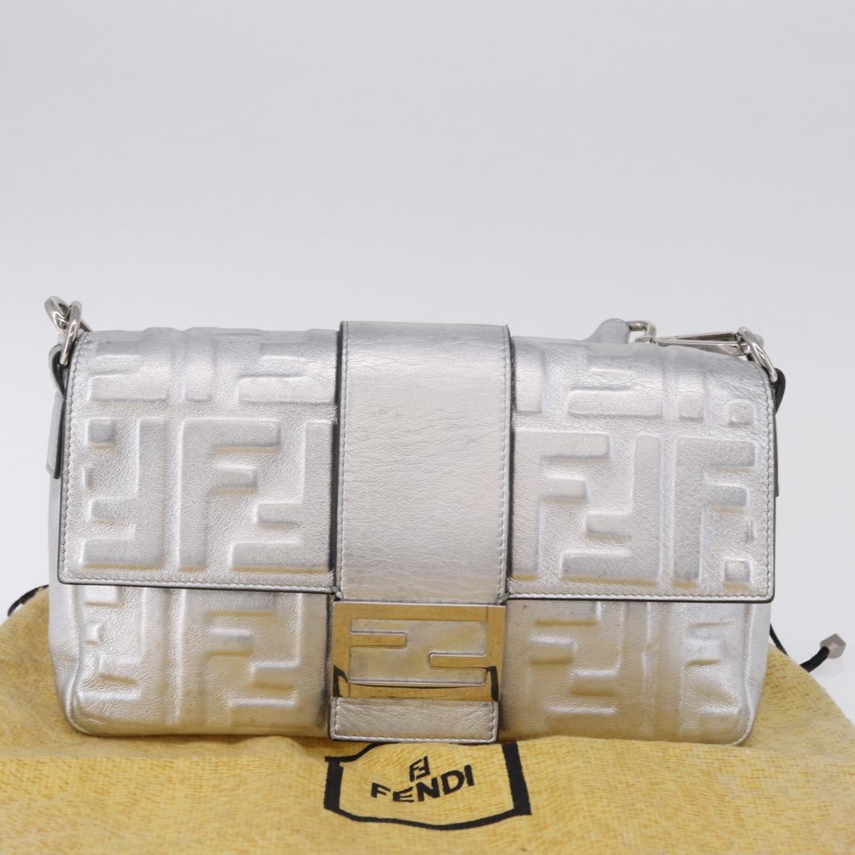 FENDI Zucca Canvas Mamma Baguette Shoulder Bag Leather Silver Auth 197105SAM