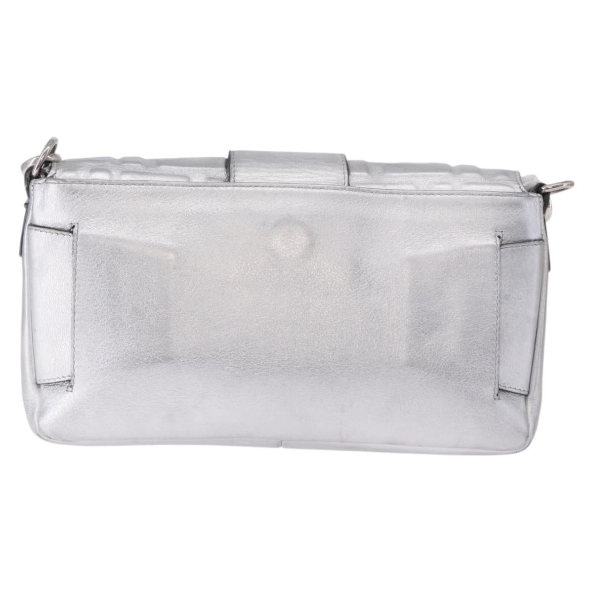 FENDI Zucca Canvas Mamma Baguette Shoulder Bag Leather Silver Auth 197105SAM