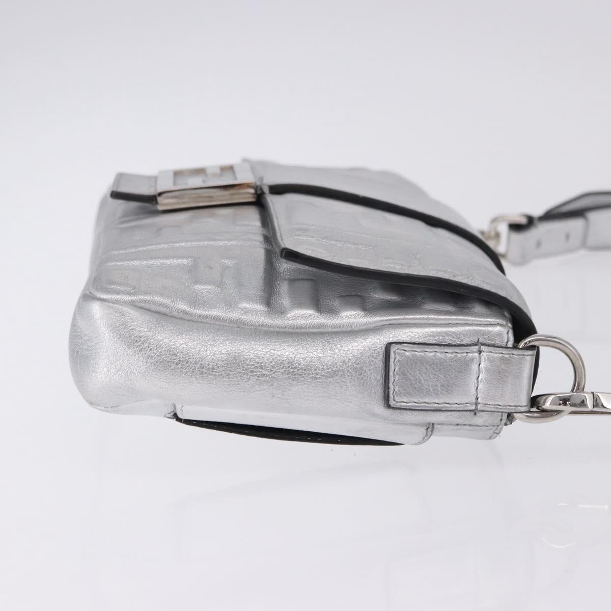 FENDI Zucca Canvas Mamma Baguette Shoulder Bag Leather Silver Auth 197105SAM