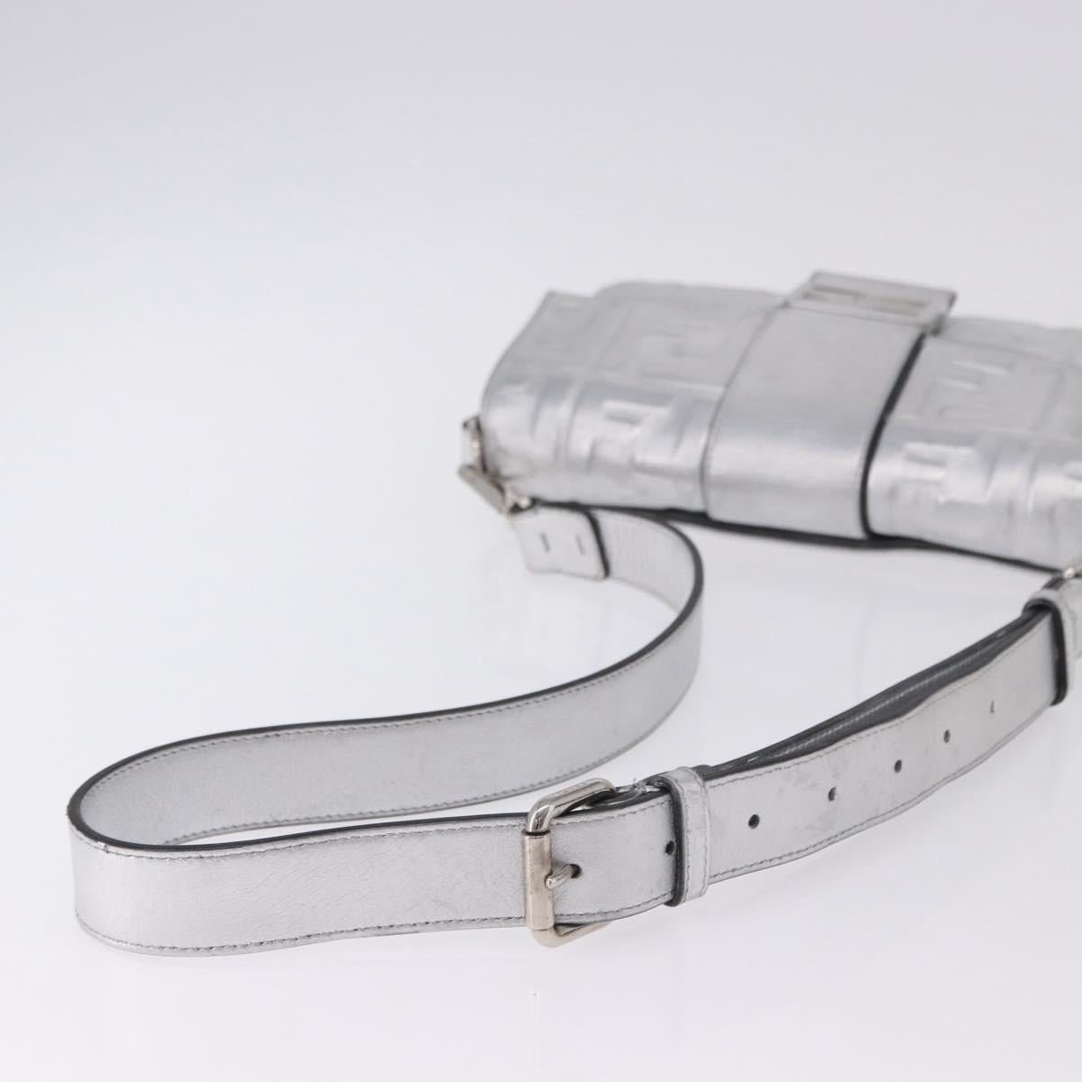 FENDI Zucca Canvas Mamma Baguette Shoulder Bag Leather Silver Auth 197105SAM