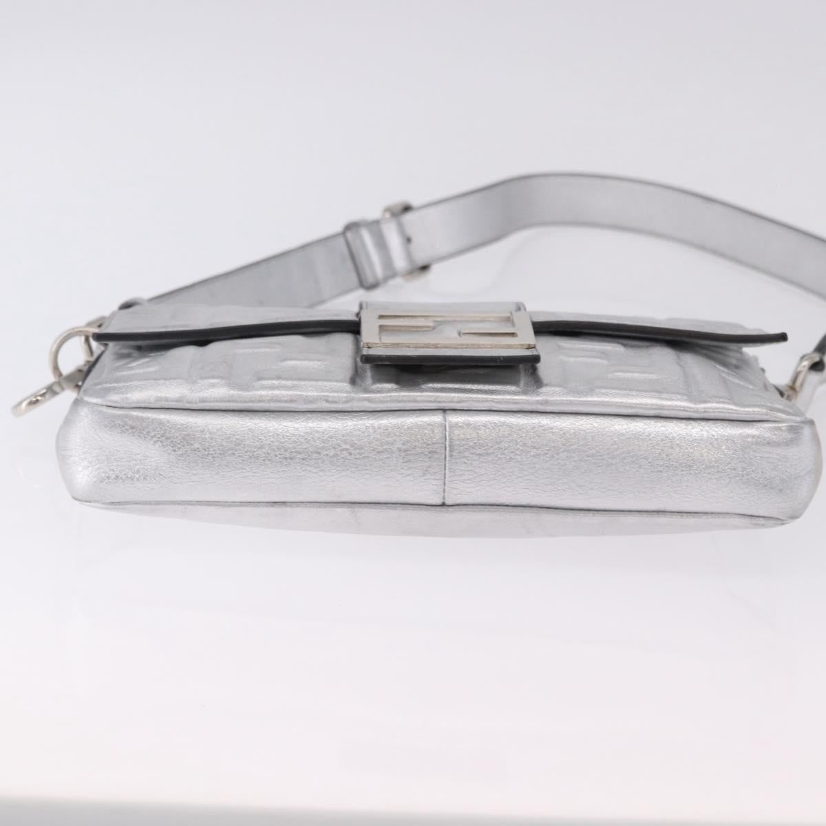 FENDI Zucca Canvas Mamma Baguette Shoulder Bag Leather Silver Auth 197105SAM