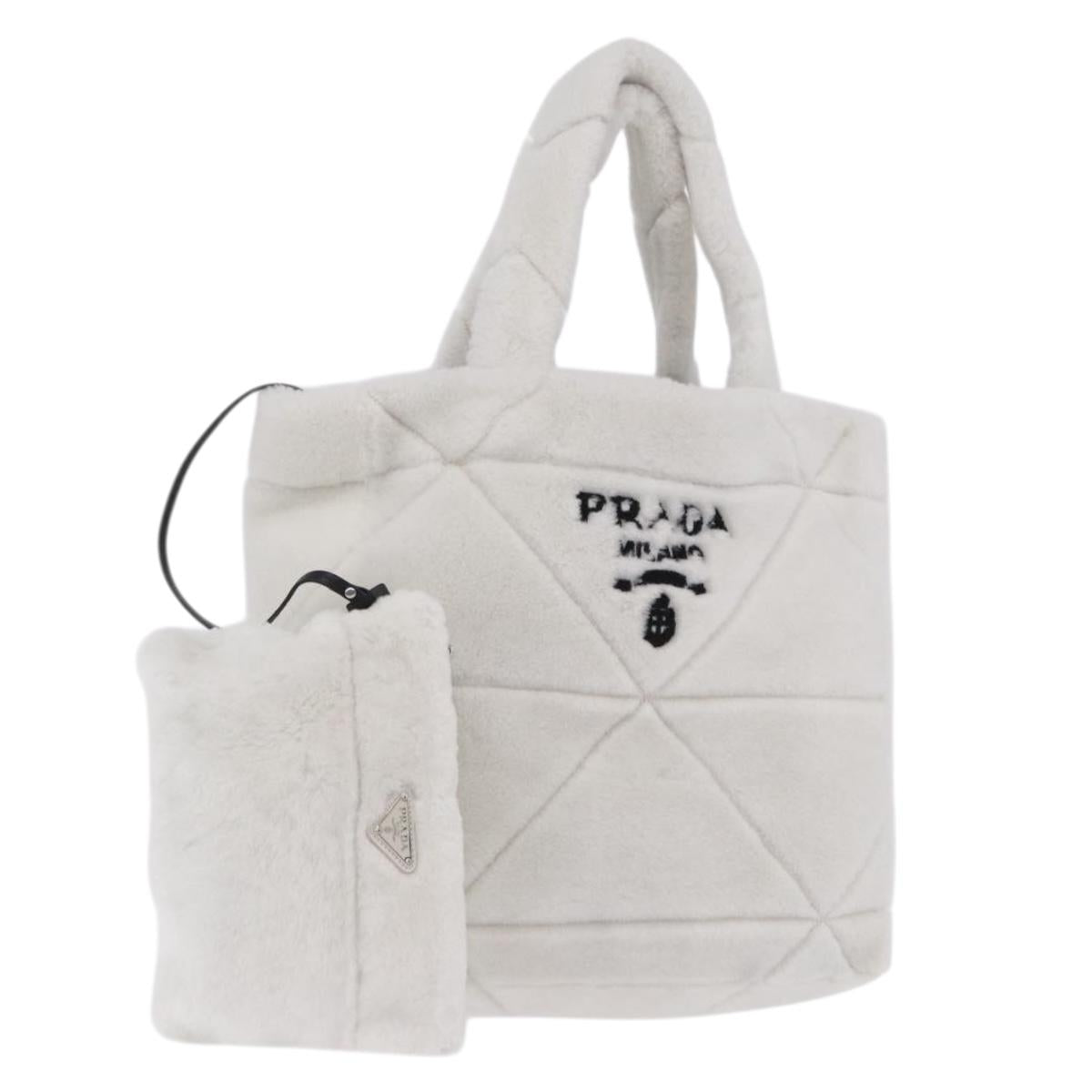 PRADA Tote Bag Fur White Silver Auth 197109SAM