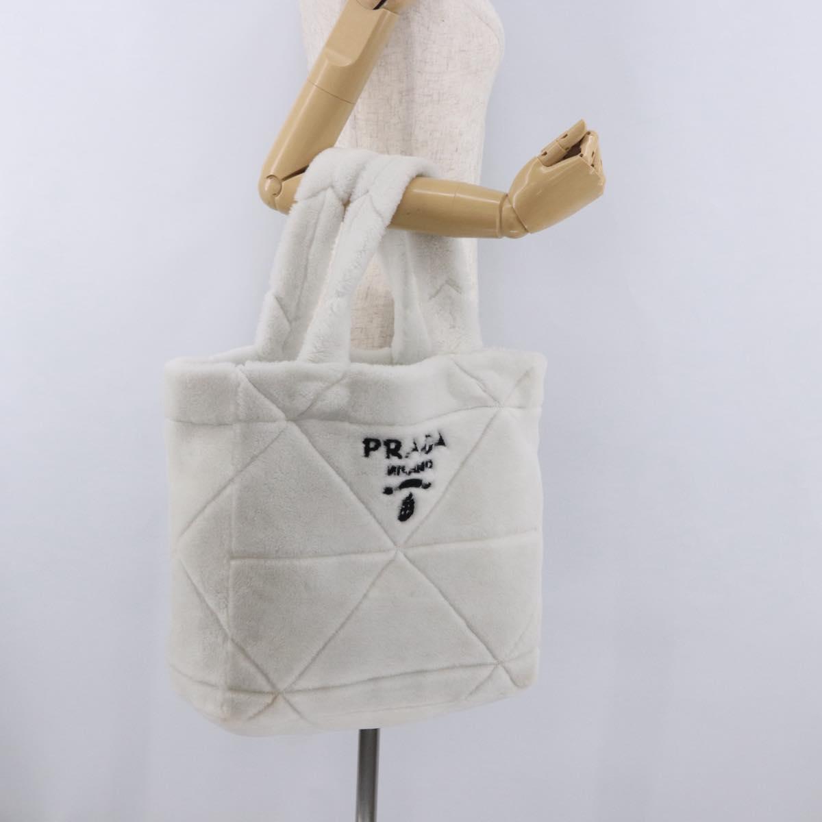 PRADA Tote Bag Fur White Silver Auth 197109SAM