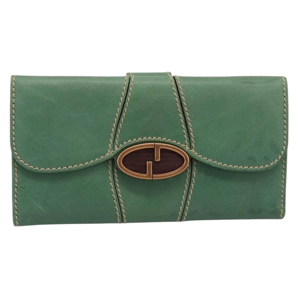 GUCCI Long Wallet Leather Green Gold Auth 197116A