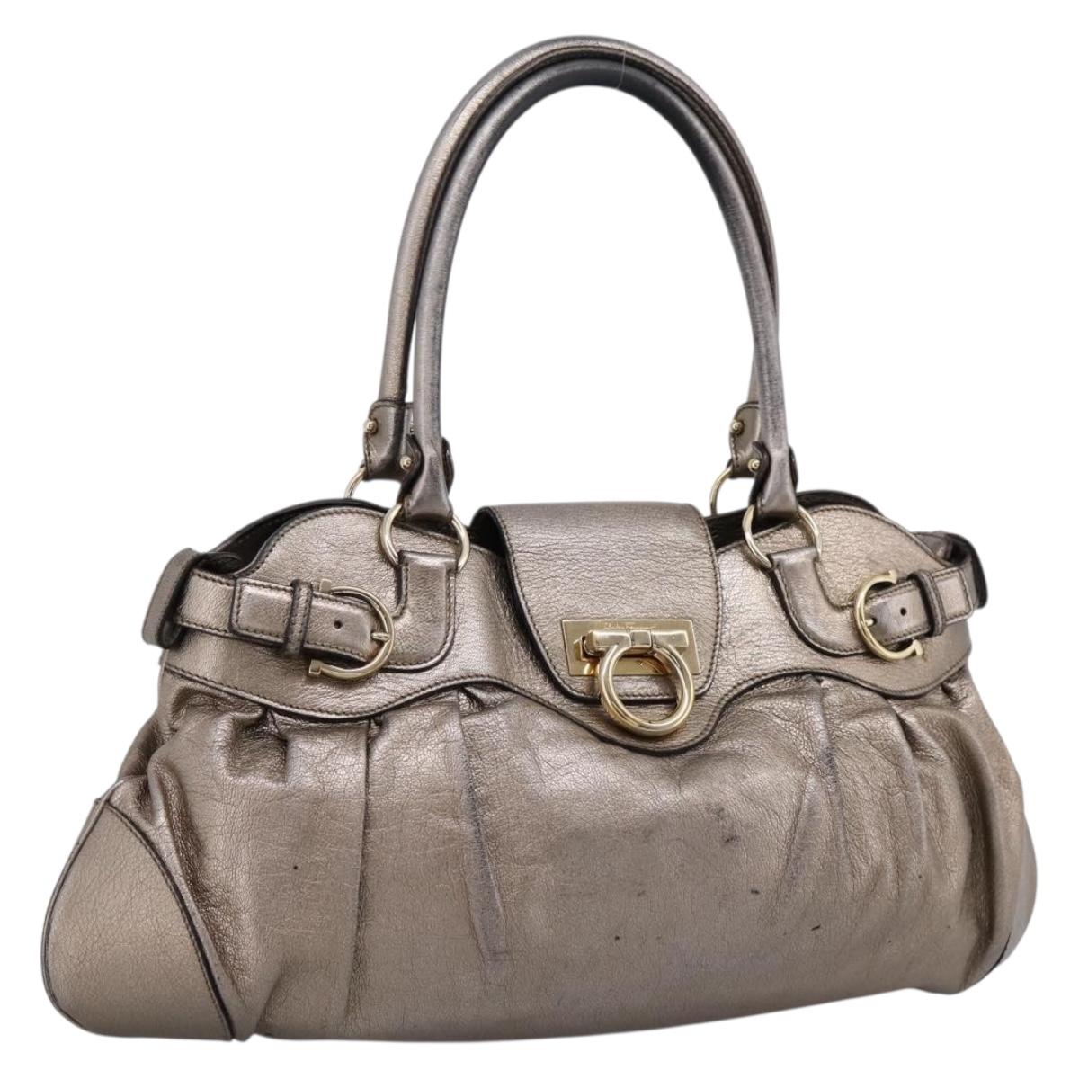 Salvatore Ferragamo Gancini Hand Bag Leather Gold Auth 197125