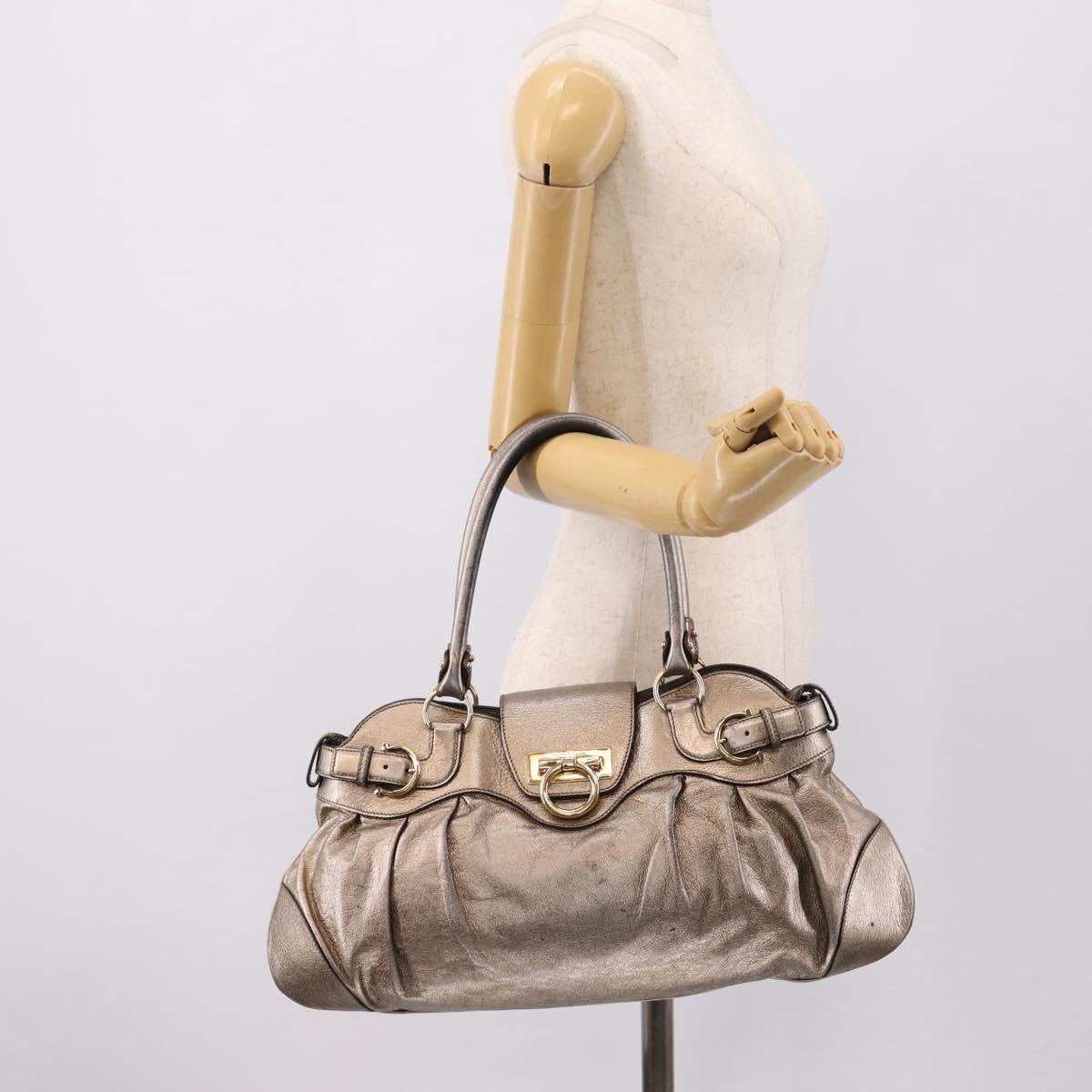 Salvatore Ferragamo Gancini Hand Bag Leather Gold Auth 197125