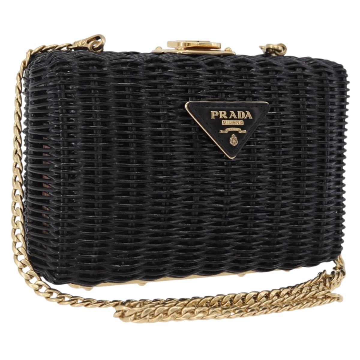 PRADA Chain Shoulder Bag Rattan Black Gold Auth 197136M