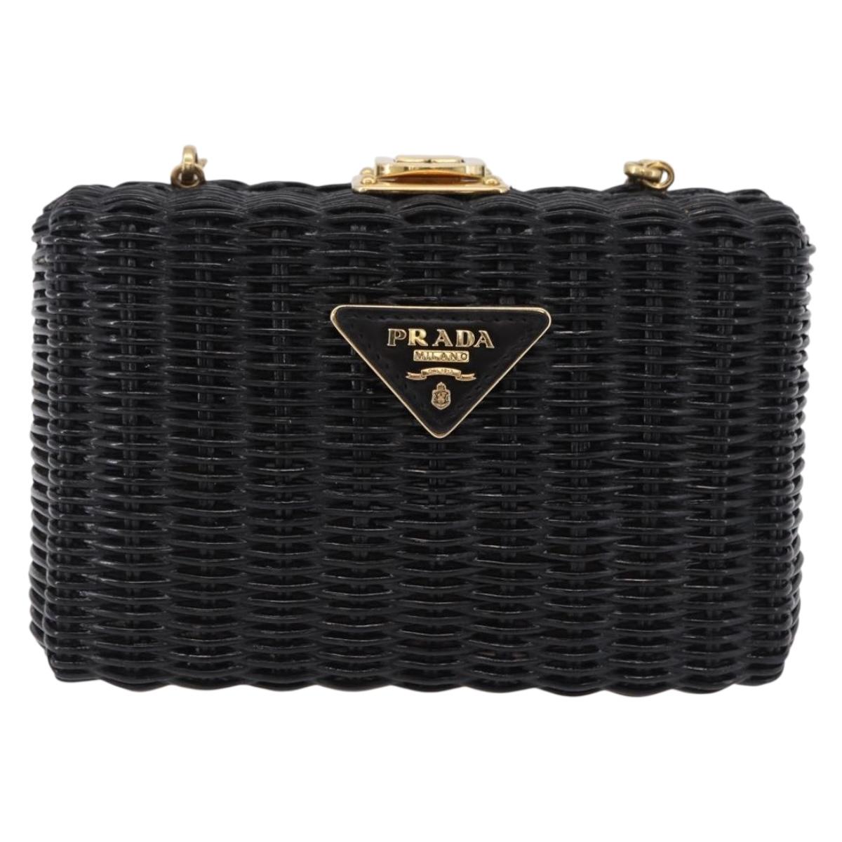 PRADA Chain Shoulder Bag Rattan Black Gold Auth 197136M