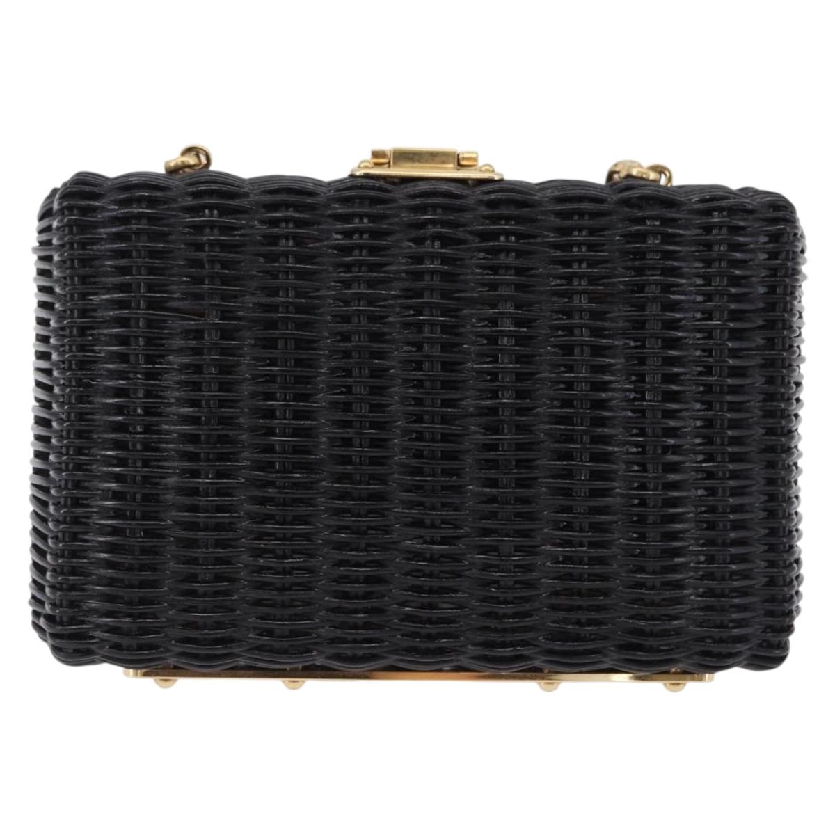 PRADA Chain Shoulder Bag Rattan Black Gold Auth 197136M