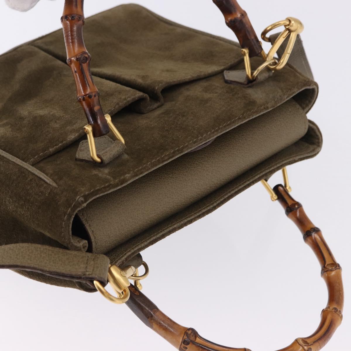 GUCCI Bamboo Hand Bag Suede 2way Green Gold 000 123 0316 Auth 197137