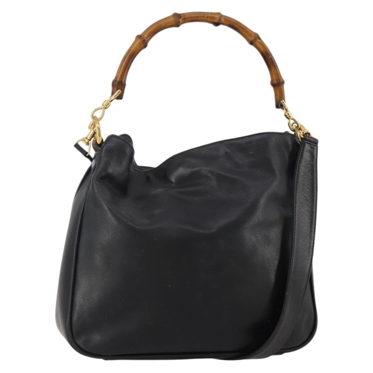GUCCI Bamboo Hand Bag Leather 2way Black Gold 001 1638 2615 Auth 197140