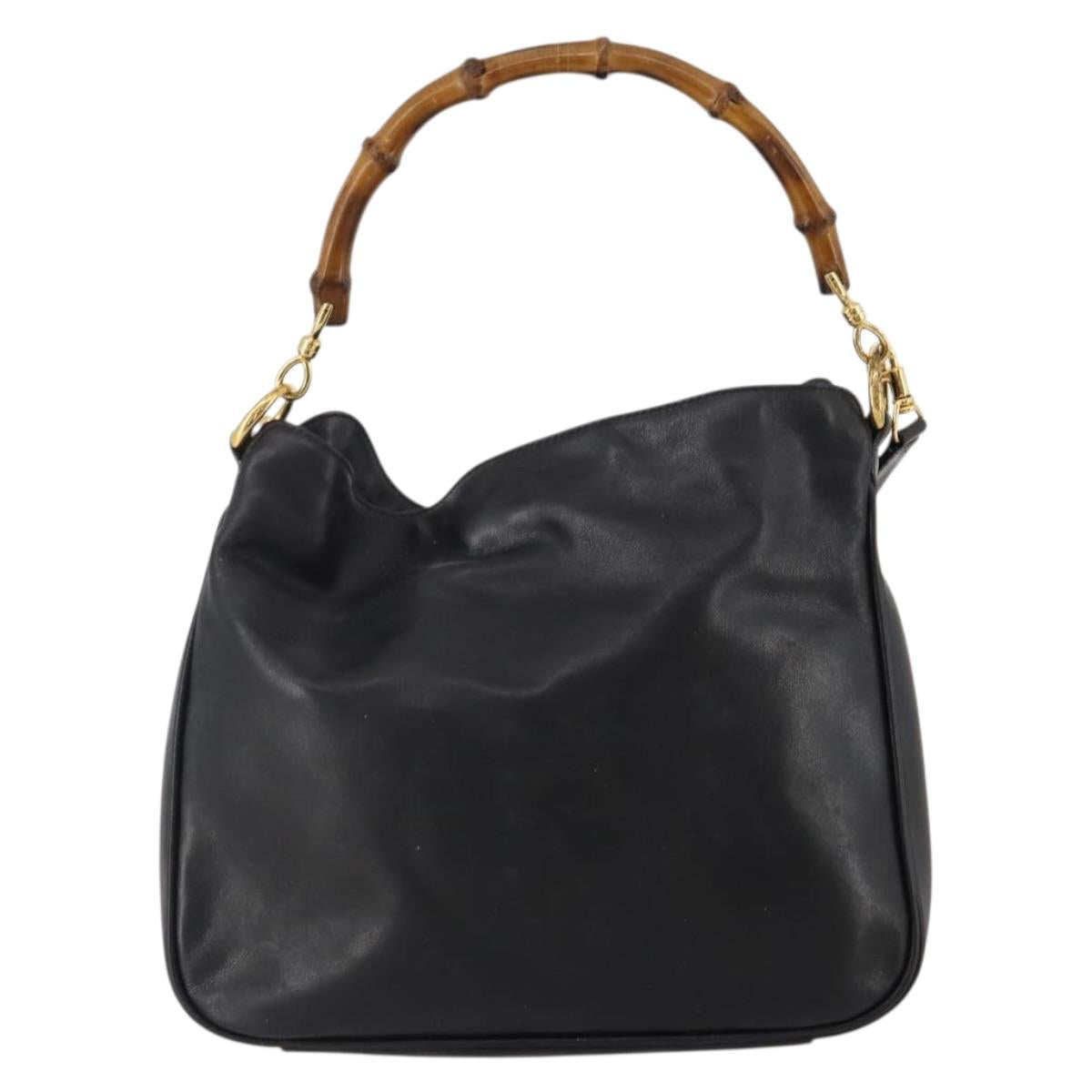GUCCI Bamboo Hand Bag Leather 2way Black Gold 001 1638 2615 Auth 197140