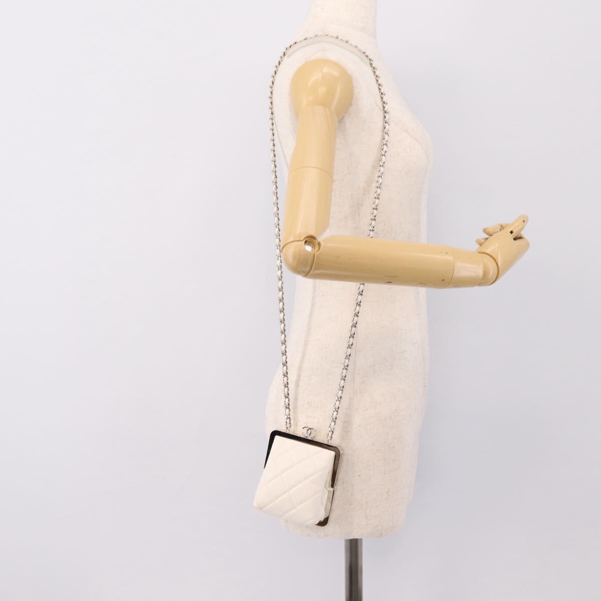 CHANEL Matelasse Chain Shoulder Pouch Lamb Skin White Silver CC Auth 197151M