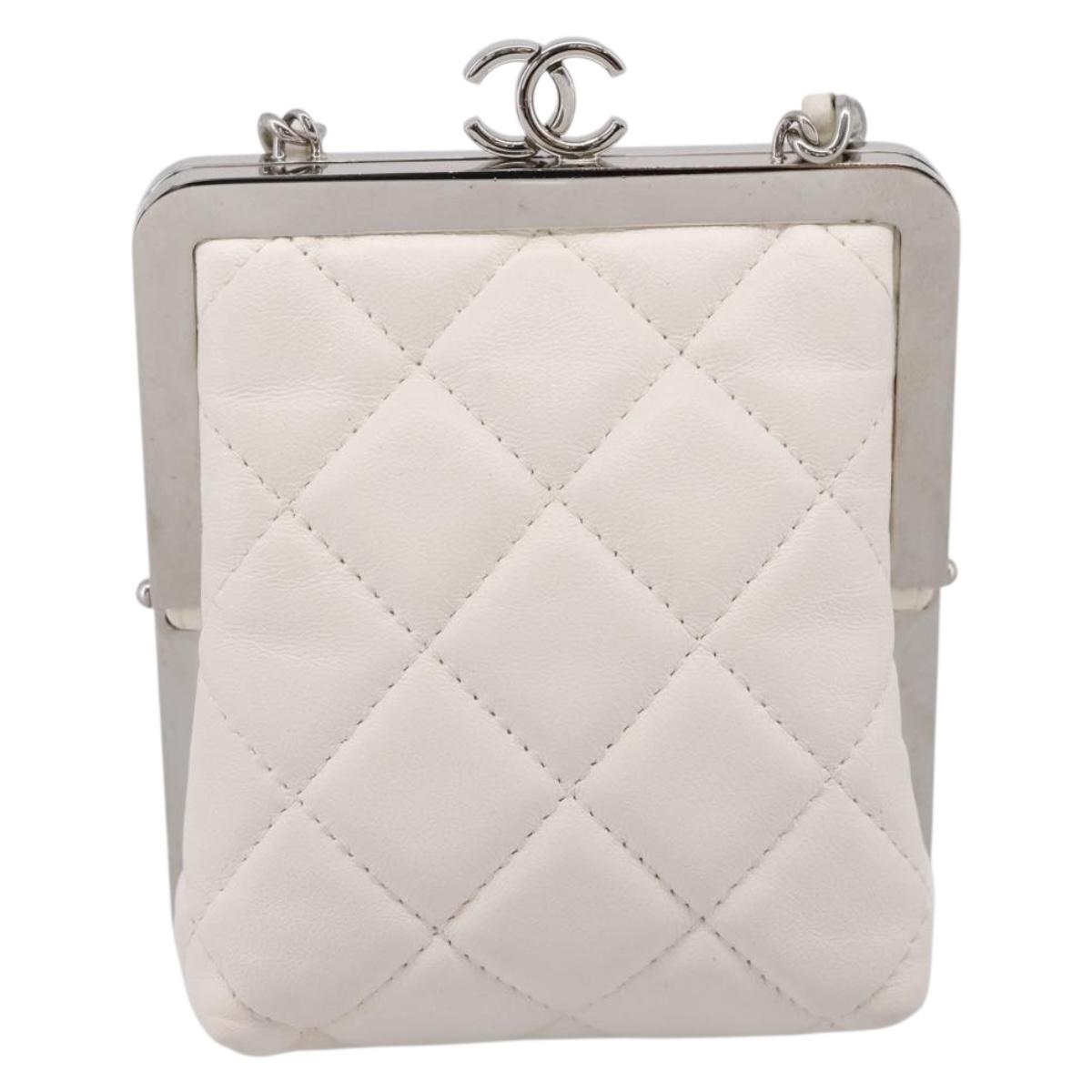 CHANEL Matelasse Chain Shoulder Pouch Lamb Skin White Silver CC Auth 197151M
