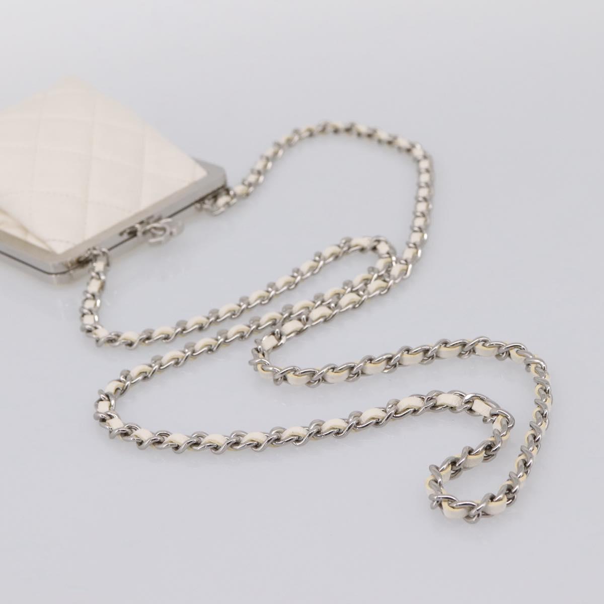 CHANEL Matelasse Chain Shoulder Pouch Lamb Skin White Silver CC Auth 197151M