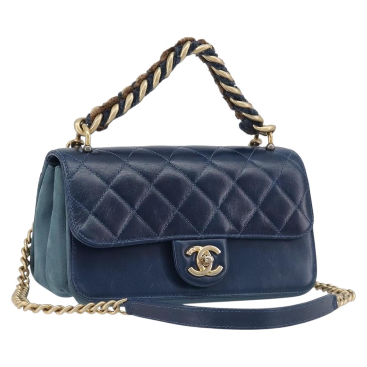 CHANEL Matelasse Chain Shoulder Bag Leather 2way Navy Gold CC Auth 197156V