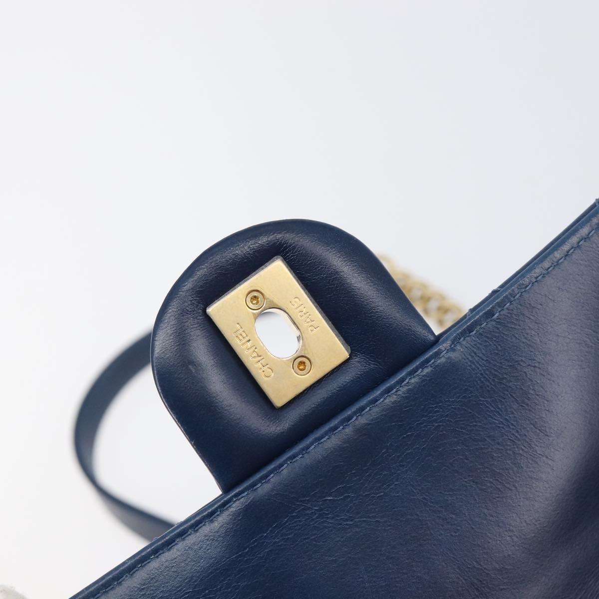 CHANEL Matelasse Chain Shoulder Bag Leather 2way Navy Gold CC Auth 197156V