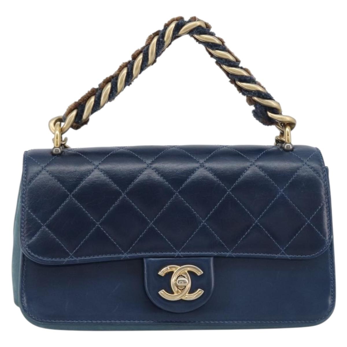 CHANEL Matelasse Chain Shoulder Bag Leather 2way Navy Gold CC Auth 197156V
