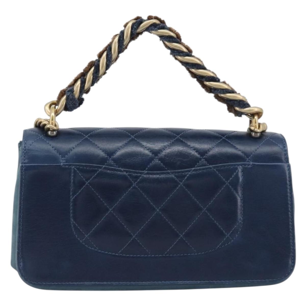 CHANEL Matelasse Chain Shoulder Bag Leather 2way Navy Gold CC Auth 197156V