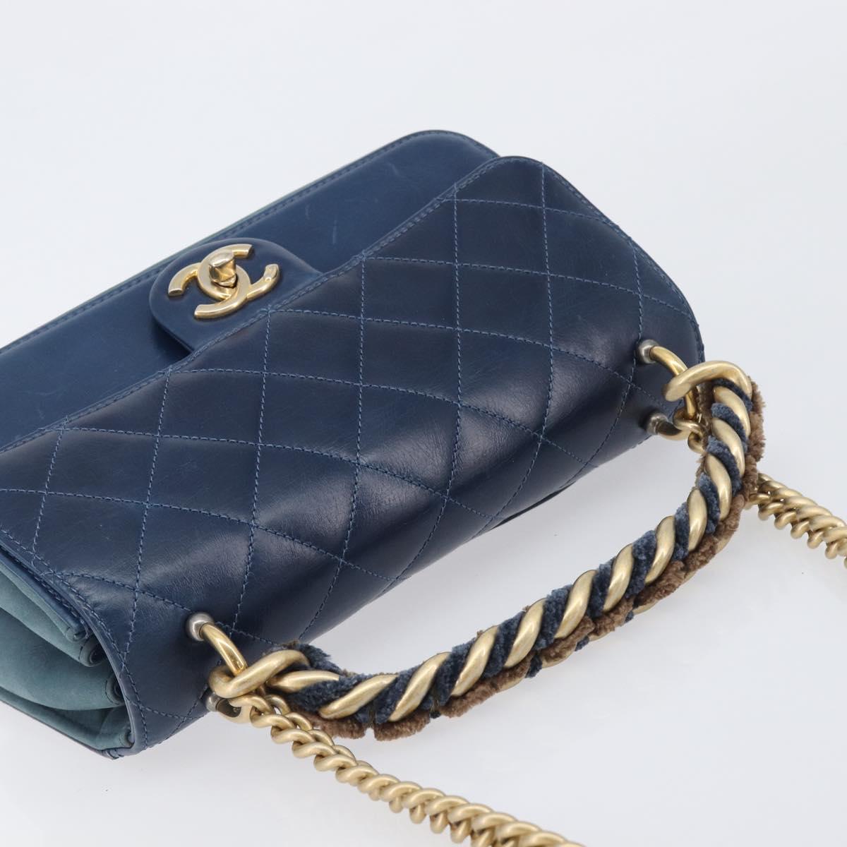 CHANEL Matelasse Chain Shoulder Bag Leather 2way Navy Gold CC Auth 197156V
