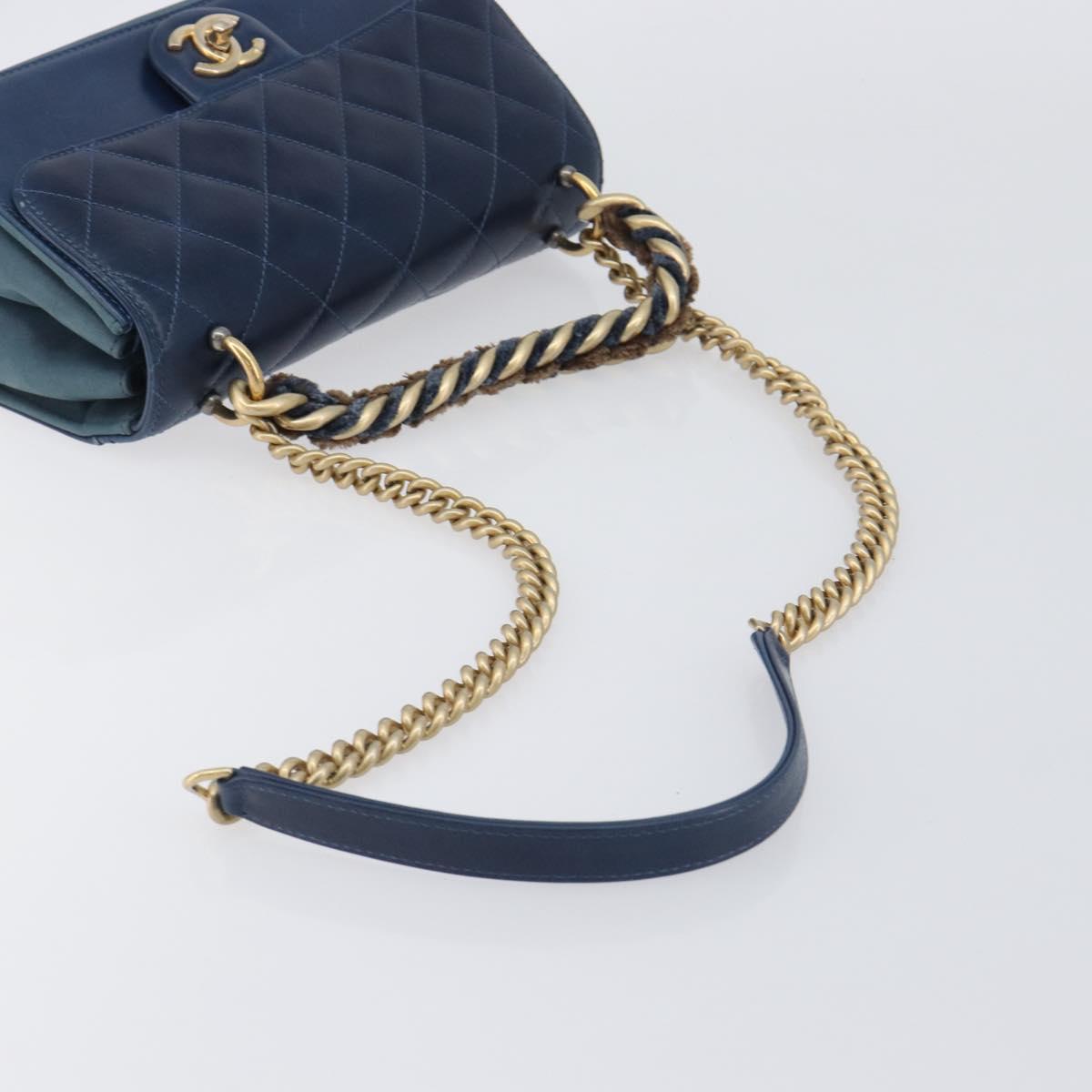CHANEL Matelasse Chain Shoulder Bag Leather 2way Navy Gold CC Auth 197156V