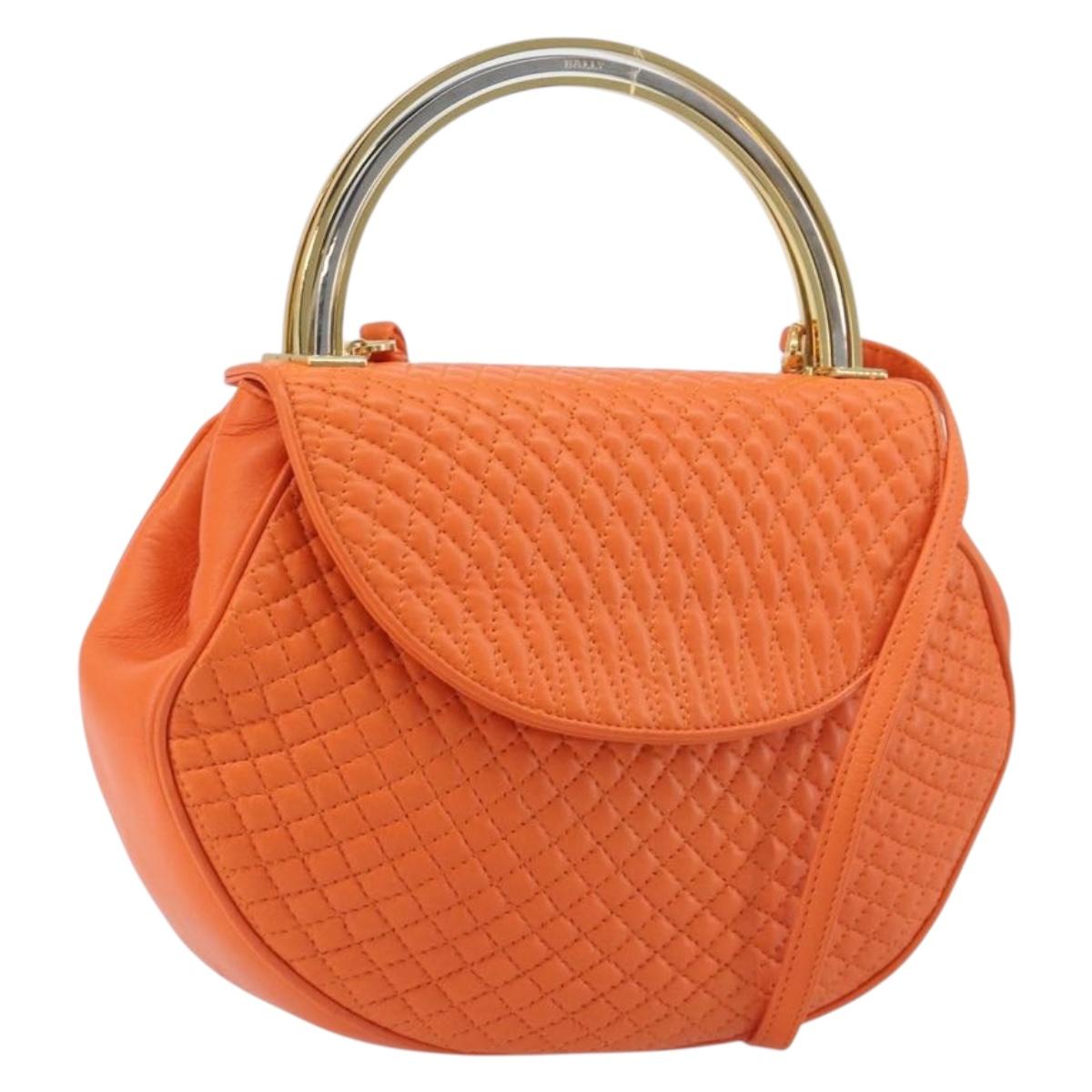 BALLY Hand Bag Leather 2way Orange Gold Auth 197157A