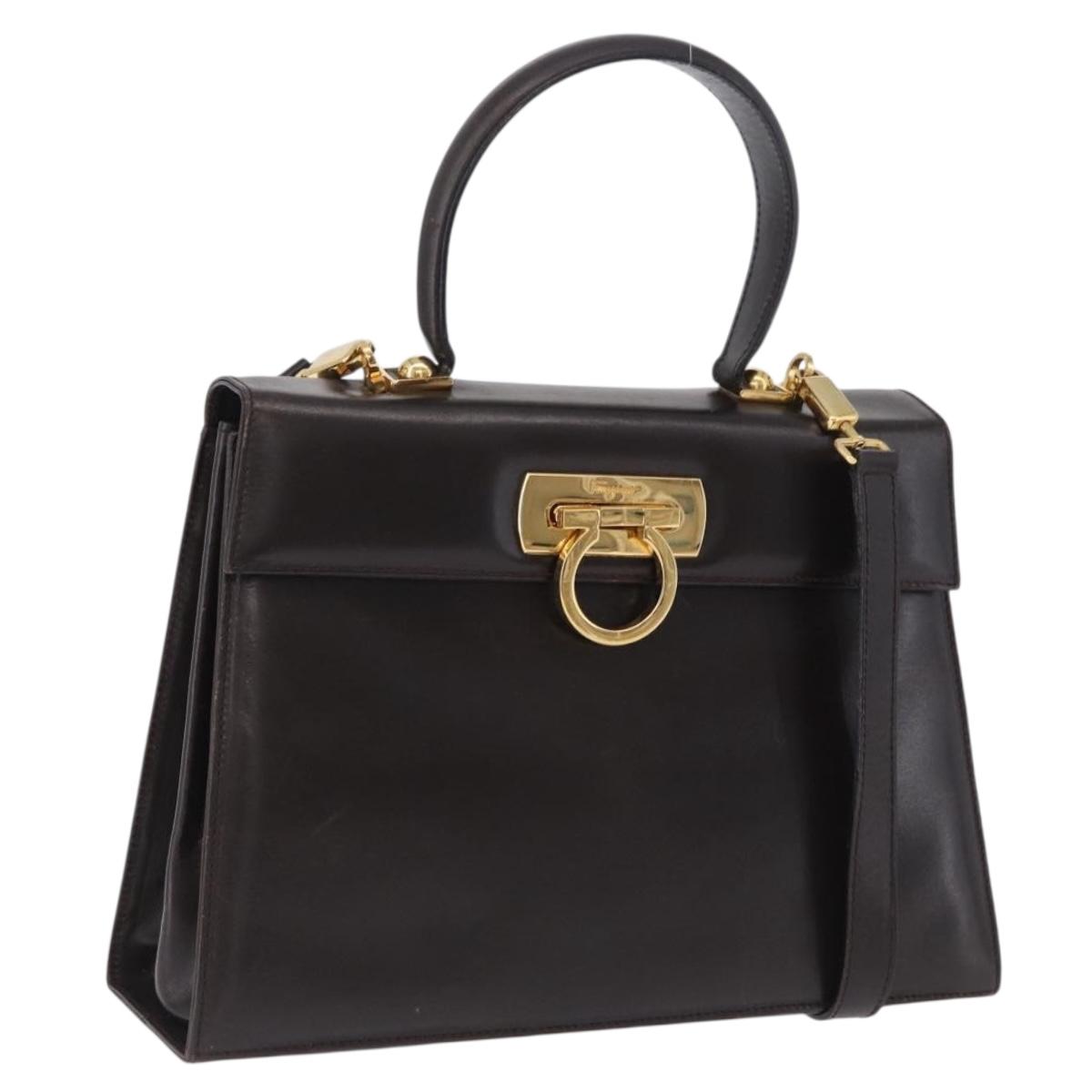 Salvatore Ferragamo Gancini Hand Bag Leather 2way Brown Gold Auth 197167