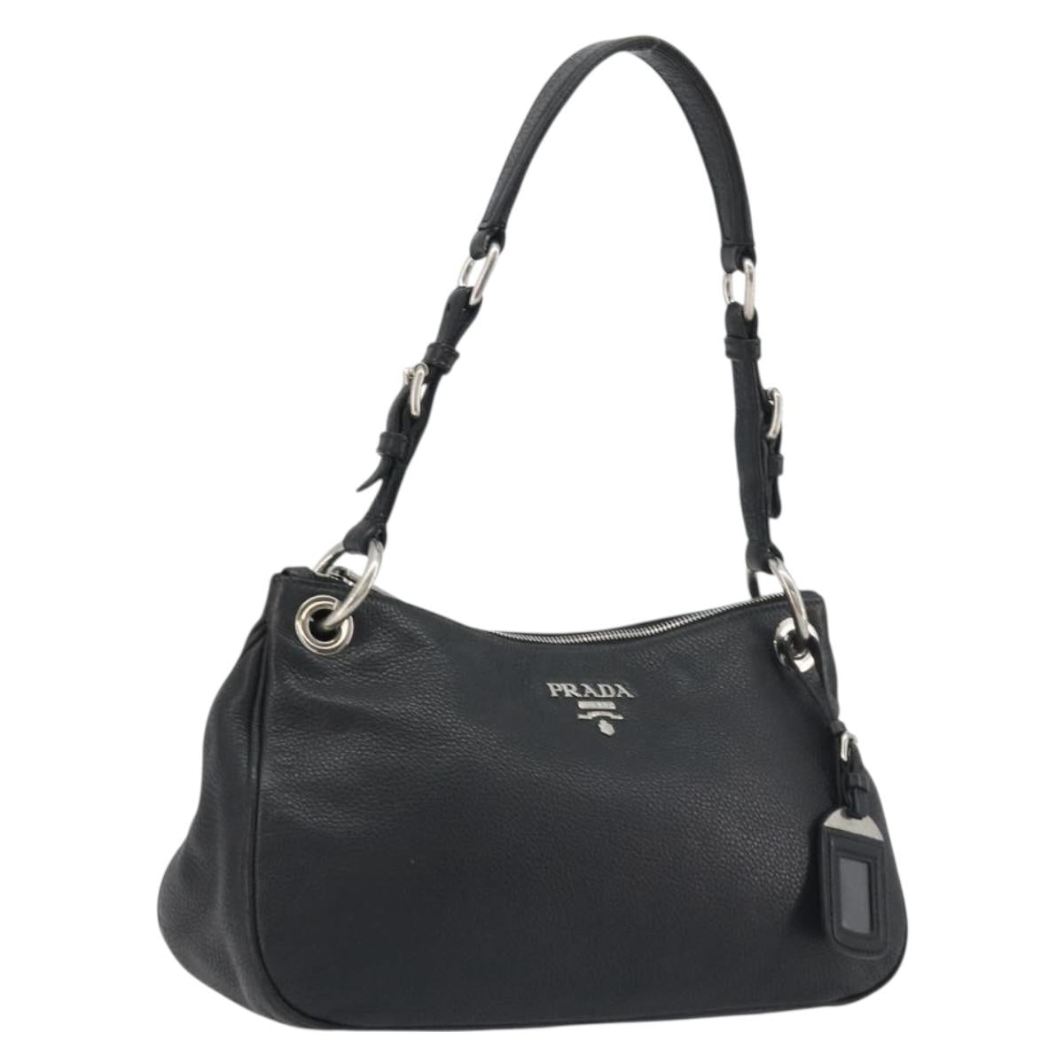 PRADA Shoulder Bag Vittero Dino Leather Black Silver Auth 197187V