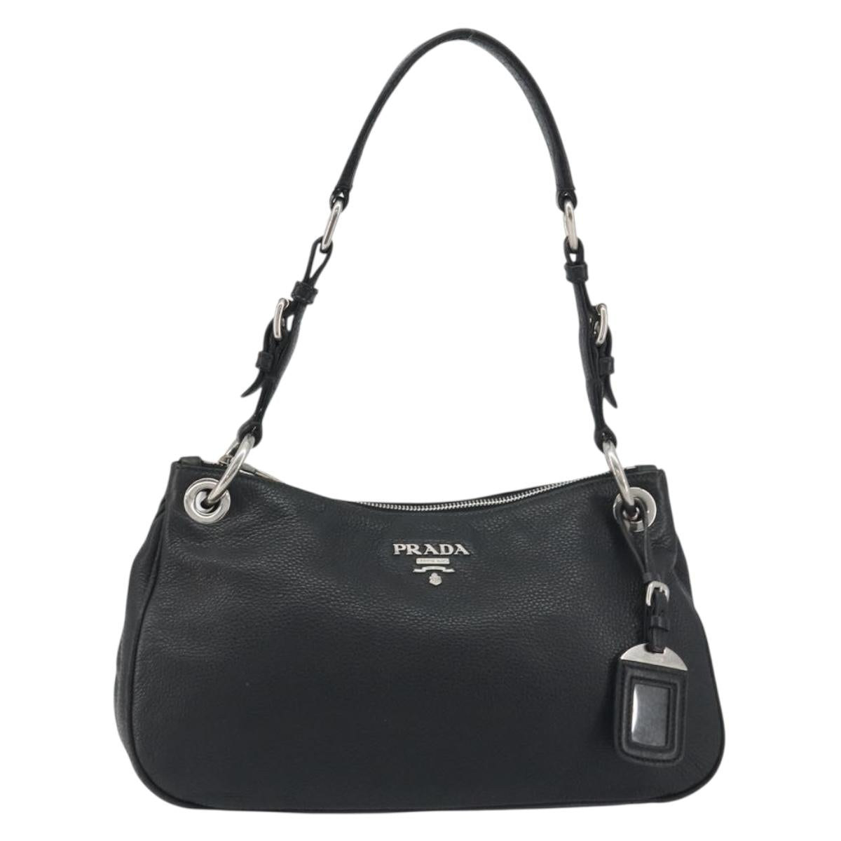 PRADA Shoulder Bag Vittero Dino Leather Black Silver Auth 197187V