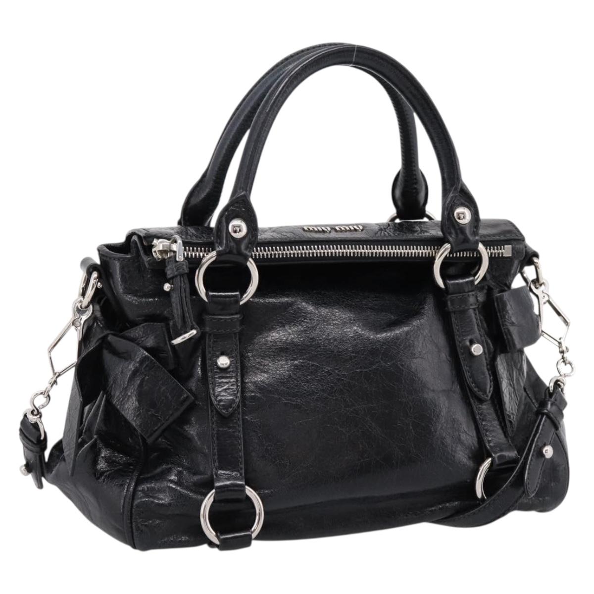 Miu Miu Hand Bag Vitello Lux Leather 2way Black Silver Auth 197198SAM