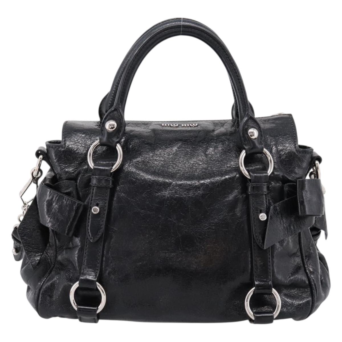 Miu Miu Hand Bag Vitello Lux Leather 2way Black Silver Auth 197198SAM