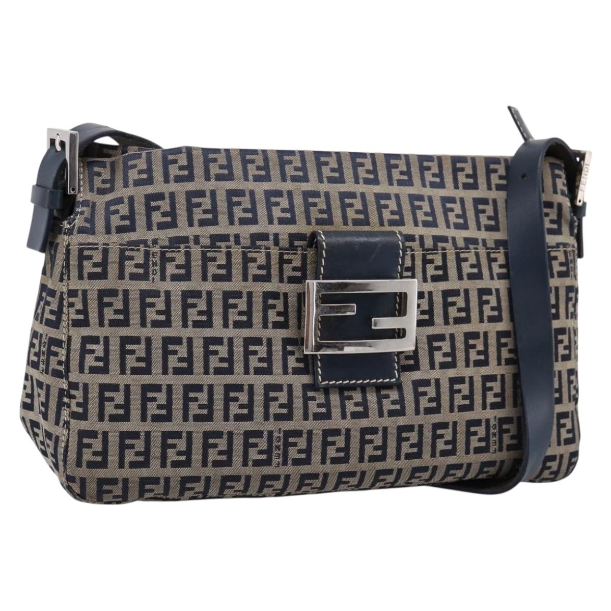 FENDI Zucchino Canvas Mamma Baguette Shoulder Bag Navy Silver Auth 197199A