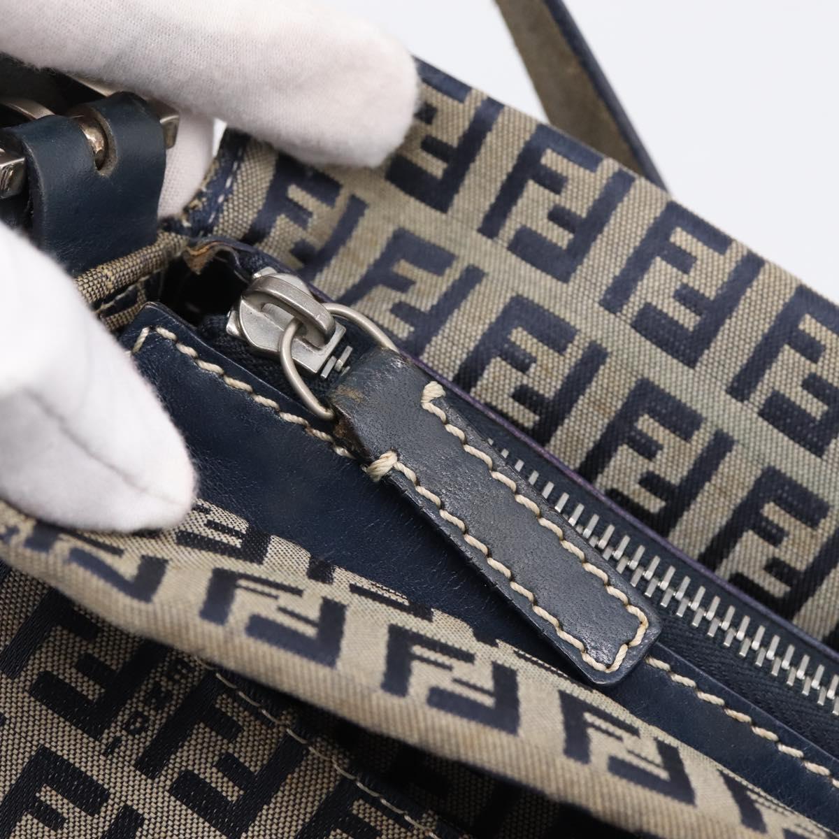 FENDI Zucchino Canvas Mamma Baguette Shoulder Bag Navy Silver Auth 197199A